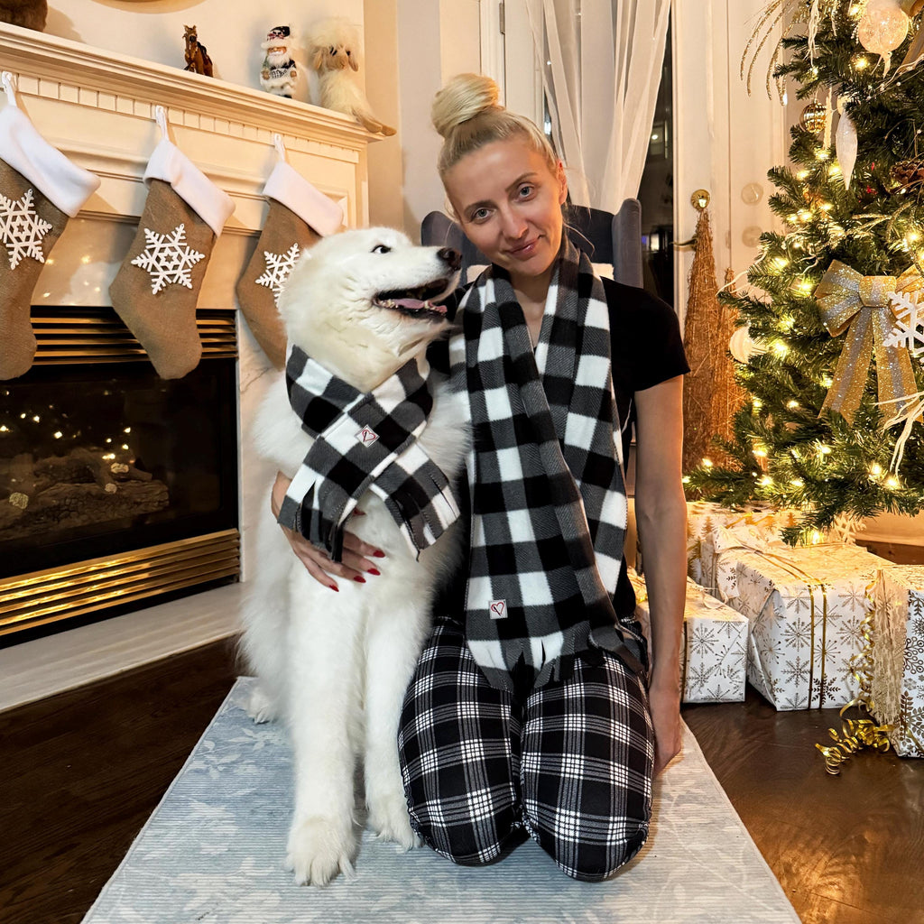 Fleece Buffalo Plaid Human Scarf - Checkered White and Black Christmas Scarf