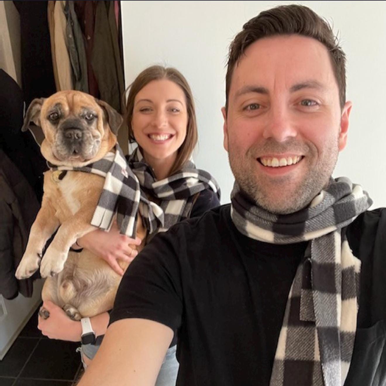 Fleece Buffalo Plaid Dog Scarf, Winter Puppy Scarf, Checkered White and Black