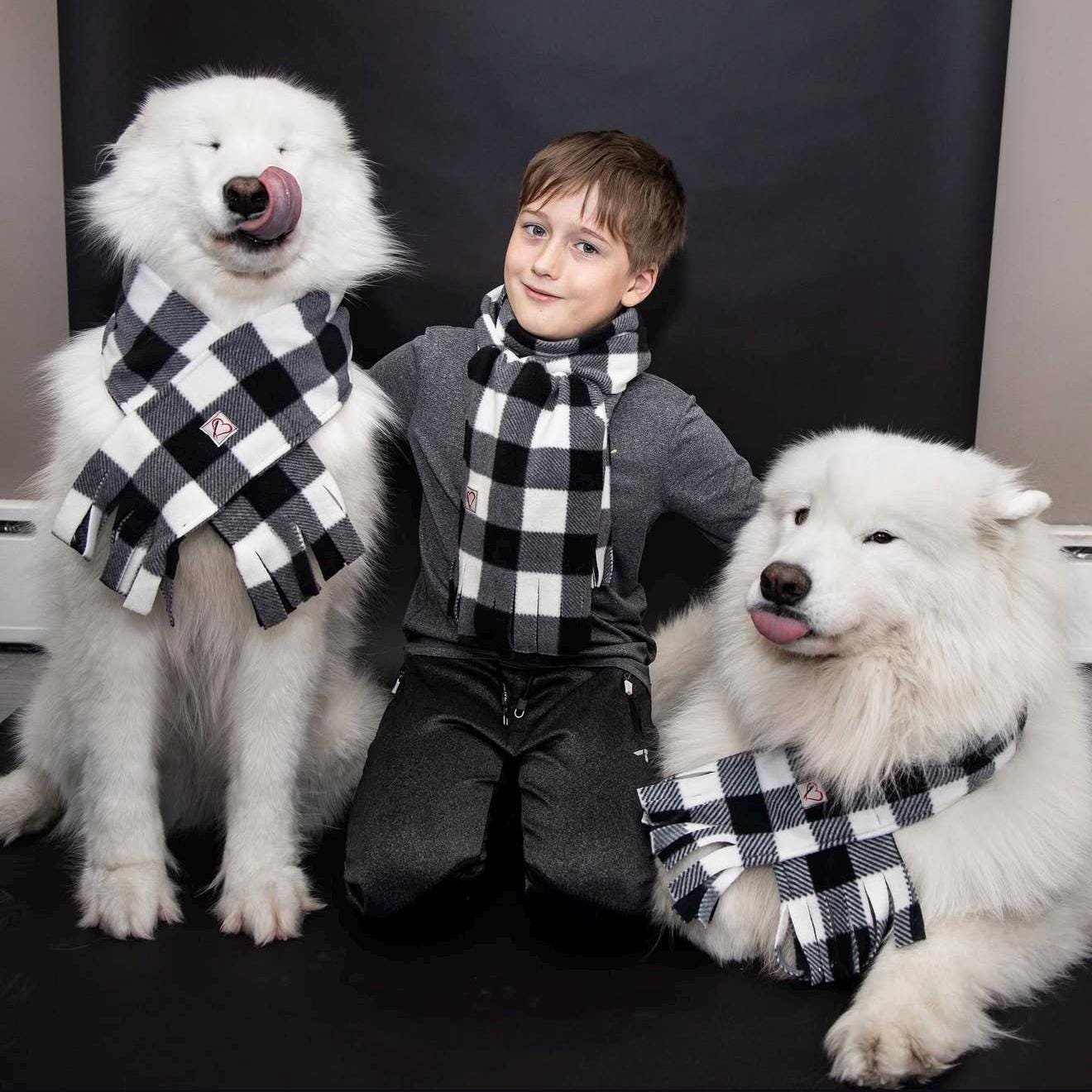 Fleece Buffalo Plaid Dog Scarf, Winter Puppy Scarf, Checkered White and Black
