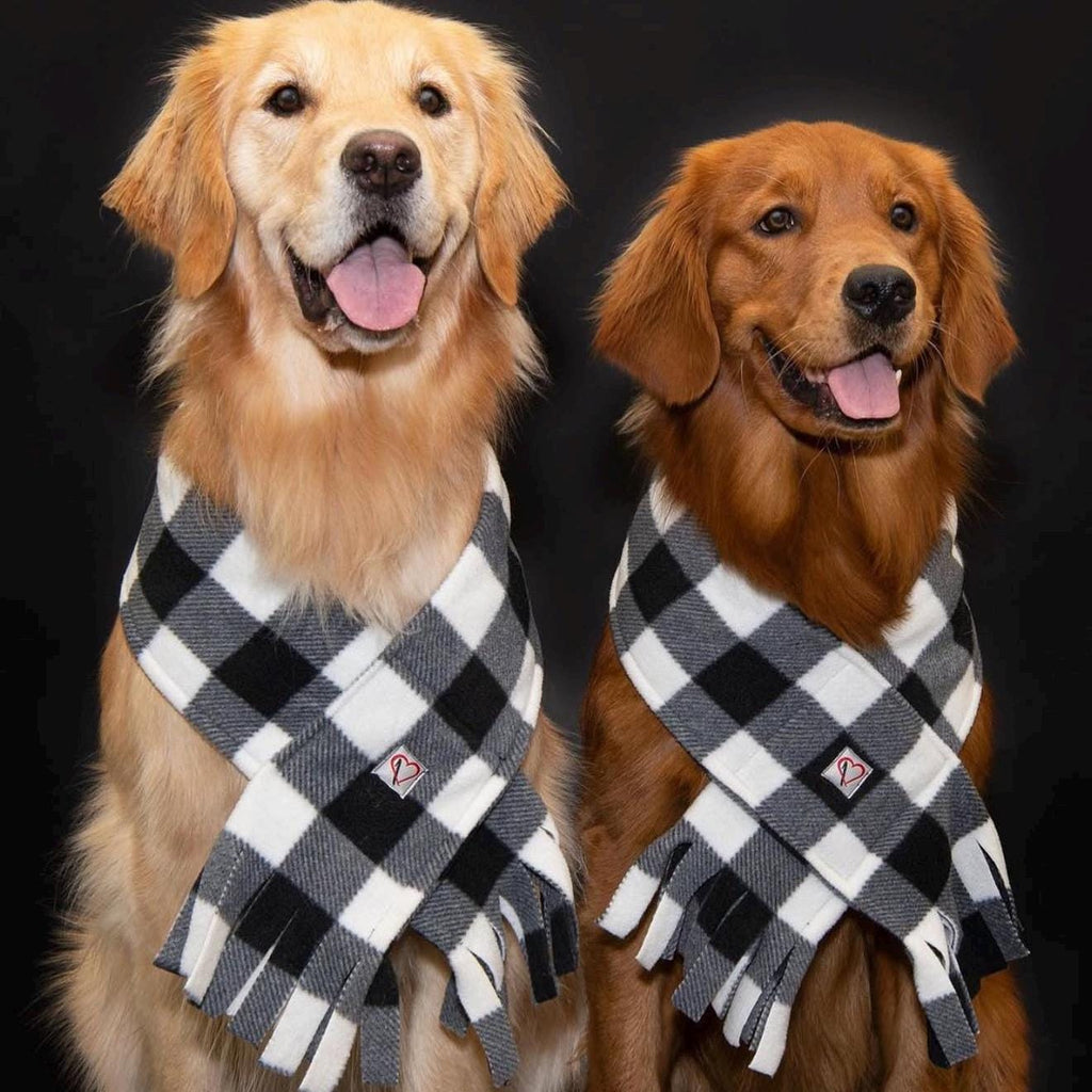 Fleece Buffalo Plaid Dog Scarf, Winter Puppy Scarf, Checkered White and Black