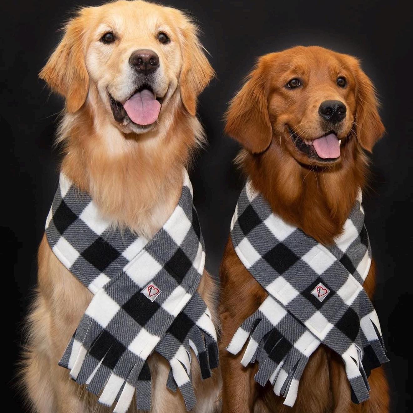 Fleece Buffalo Plaid Dog Scarf, Winter Puppy Scarf, Checkered White and Black