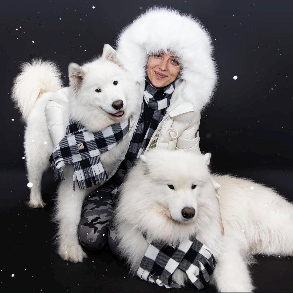 Fleece Buffalo Plaid Dog Scarf, Winter Puppy Scarf, Checkered White and Black